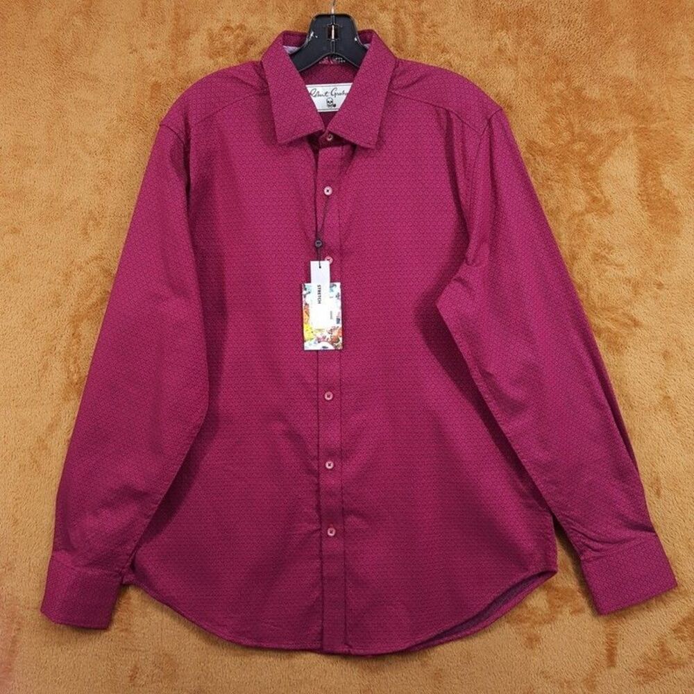 ROBERT GRAHAM Shirt Mens Medium Dark Pink Solid Geo Print Classic Fit METRO $198